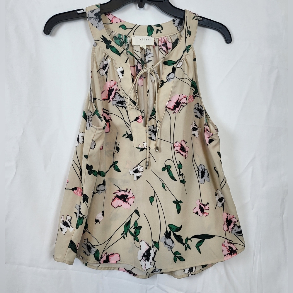 Everly Beige Floral Round Split V-Neck‎ Front Tie Sleeveless Blouse Size M